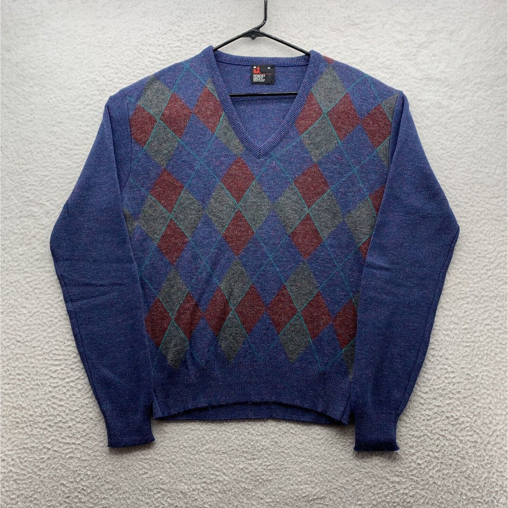 VTG Robert Bruce Sweater Mens Medium M Blue Argyle Diamond USA Union Made Preppy